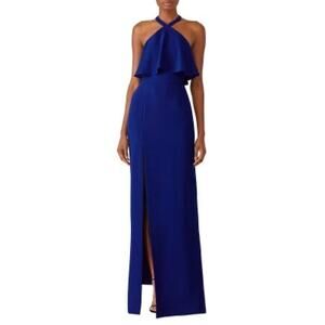 AMANDA UPRICHARD Royal Blue Halter Neckline Fitted Side Slit Gown Size Small